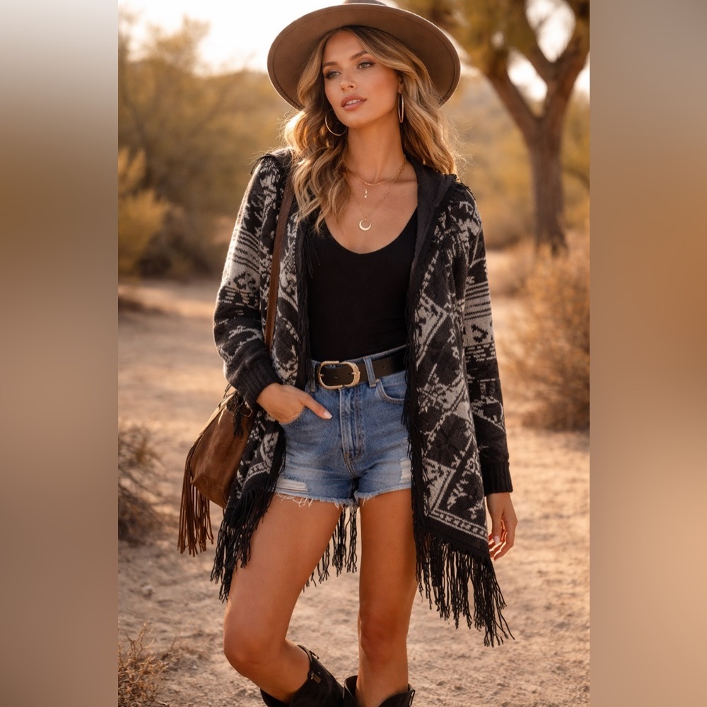 Billabong Aztec Fringe Cardigan | Boho Festival Layer | Hooded | Large